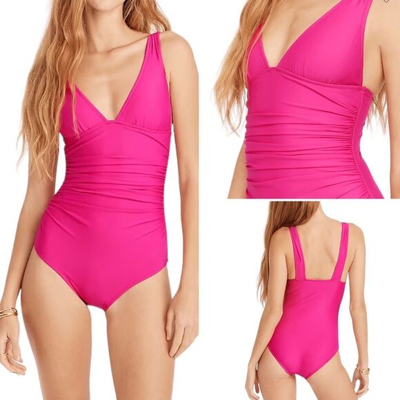 J Crew Radiant Fuchsia Ruched V-neckline One Piece Swimsuit Sz 2 NWT - Picture 1 of 16
